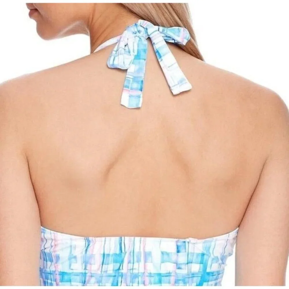 Birdsong Size 32DD Ruffle‎ Halter Underwire Tankini Swim Top Coastal Plaid